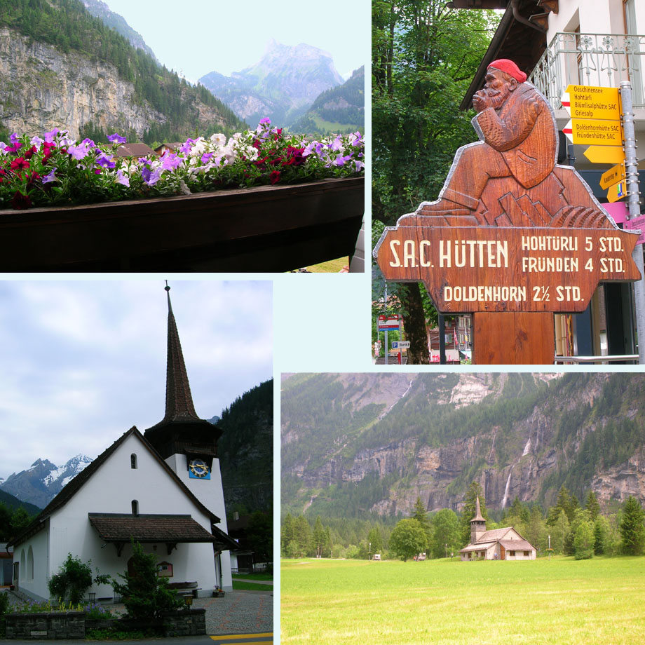 uitzicht vanaf het balkon, wegwijzer in het dorp, kerkjes van Kandersteg