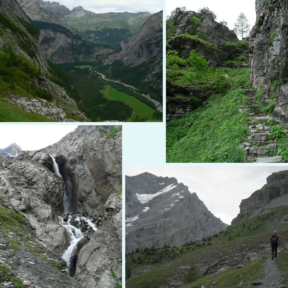 richting Waldhaus, trappetjes, waterval, de hut komt in zicht