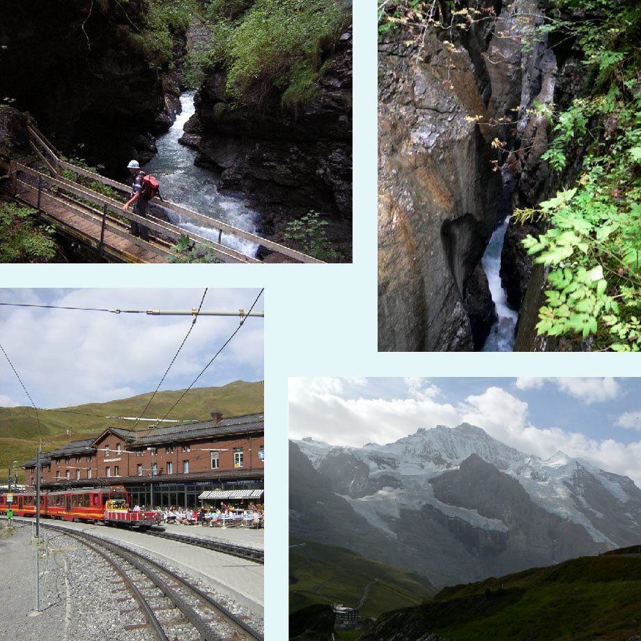 brug over de Trummelbach, een tientallen meters diepe kloof, Kleine Scheidegg, wazig uitzicht