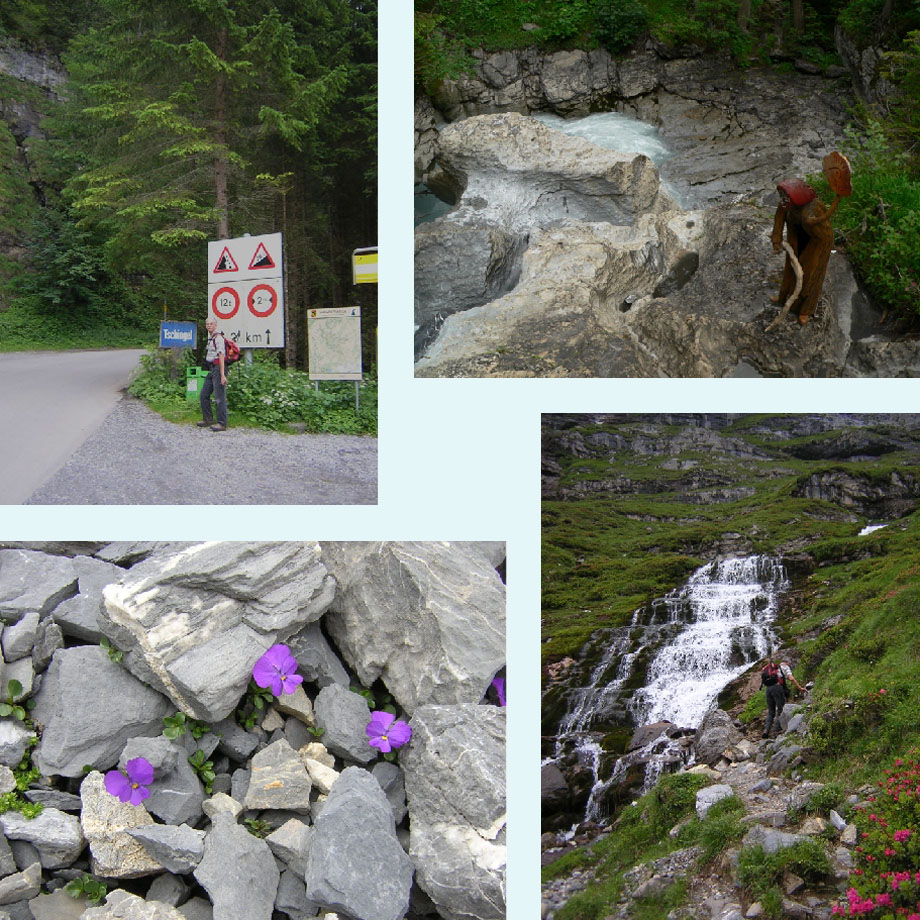 28% helling, Hexenkessel, viooltjes, waterval bij Gamchi