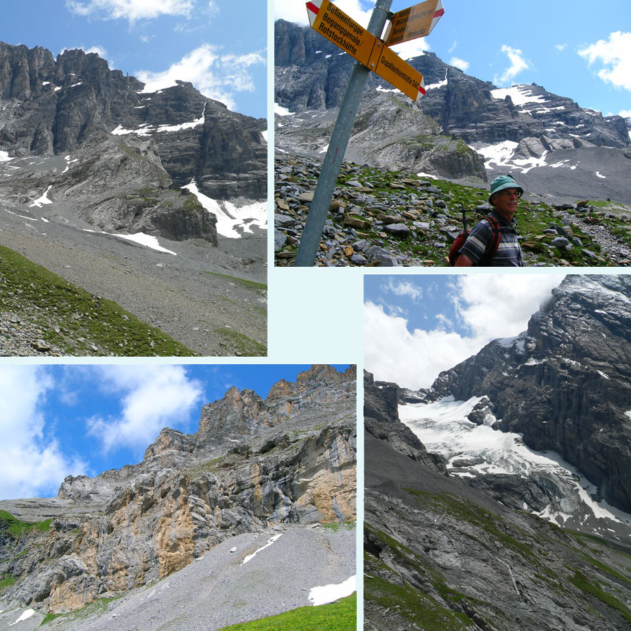 Gspaltenhornhutte in de verte, afslag naar de hut, mooie rotsen, sneeuw en ijs
