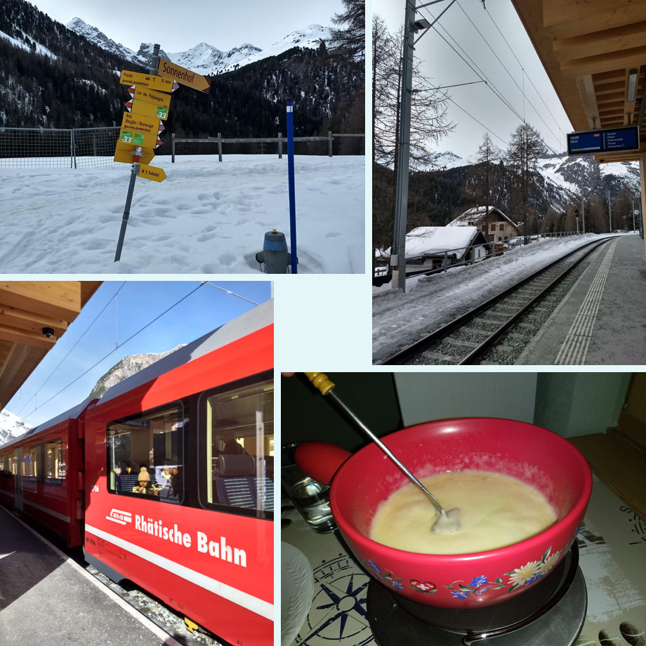 nagenoeg rond, wachten in Preda, daar is de trein, kaasfondue als beloning